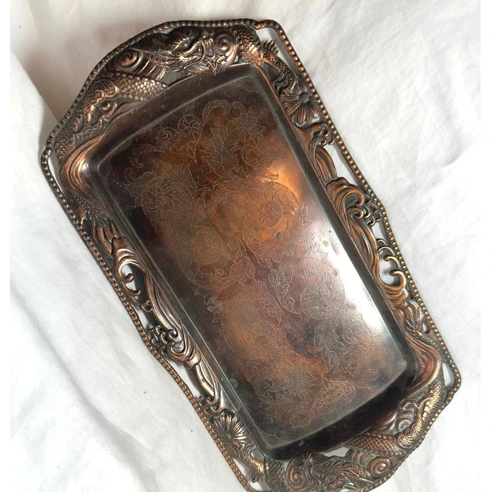 Vintage Dragon Metal Tray Copper Tone Good Ornate Embossed Chinoiserie 9.5in